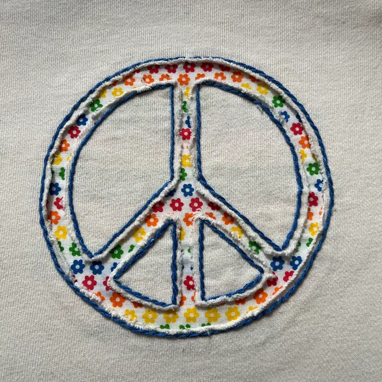 Made By Me Upcycled French Terry Sweatshirt Reverse Appliqué Embroidered “Peace Sign” Sz L
