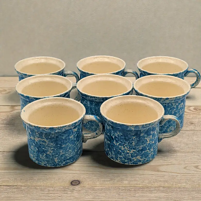 8 Vintage Homer Laughlin Blue Splatter Mugs 1978 HTF Marked USA Discontinued