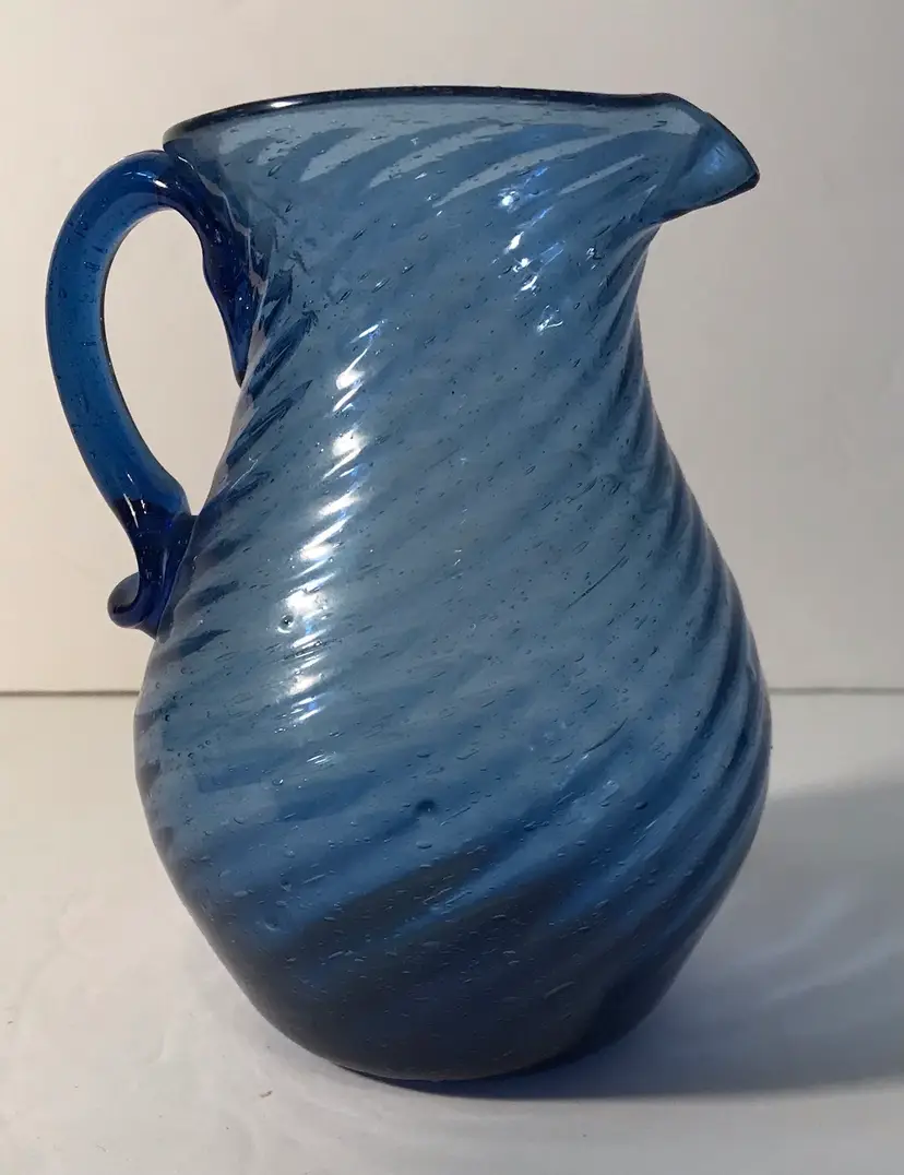 Vintage Cobalt Blue Glass Pitcher Hand Blown Swirl Optical 5.5" Tall Creamer Old