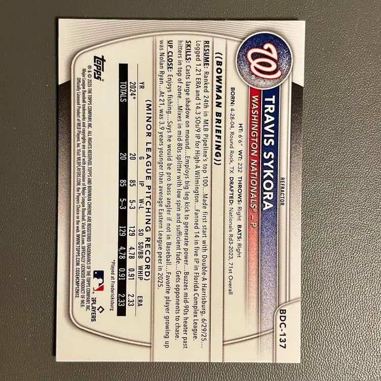Travis Sykora (Washington Nationals) 2025 Bowman Draft Chrome Refractor