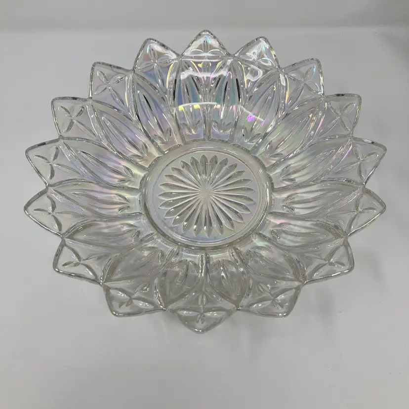 16 Petal 10 1/4” Wide Clear Rainbow Iridescent Glass Bowl!