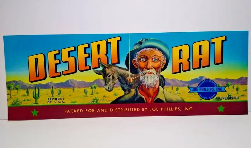 Desert Rat Crate Label Donkey Horse Cactus Cowboy Corn Cob Pipe 1950s Vintage