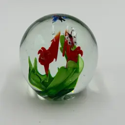 Art Glass Clear Hand Blown Round Paperweight Red Flowers Butterflies