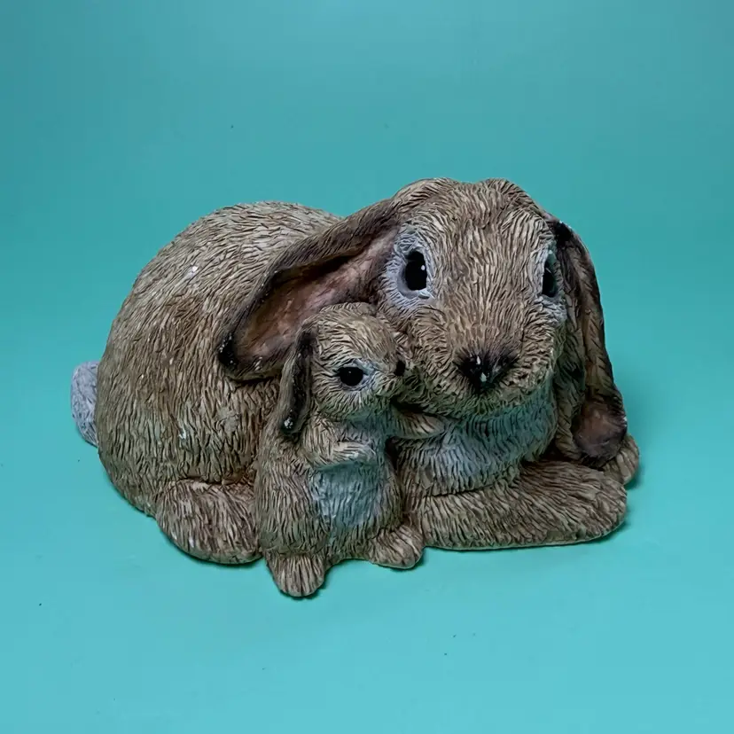 Vintage Stone Critters Brown Rabbit Bunny w/ Baby SC-523 Made in USA Figurine