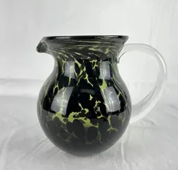Art Glass Pitcher Dark Green Clear 7.5” Tall Heavy Geometric Swirl Pattern Blown