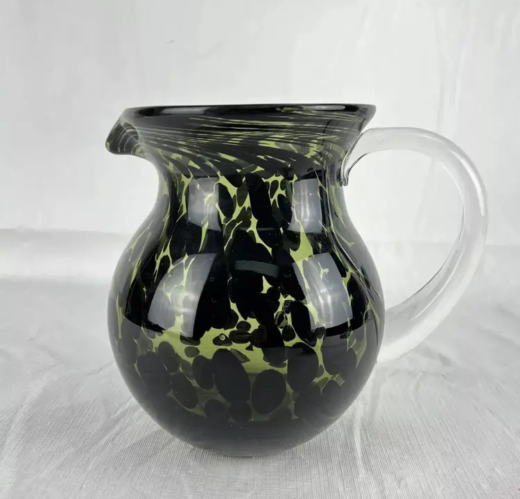 Art Glass Pitcher Dark Green Clear 7.5” Tall Heavy Geometric Swirl Pattern Blown