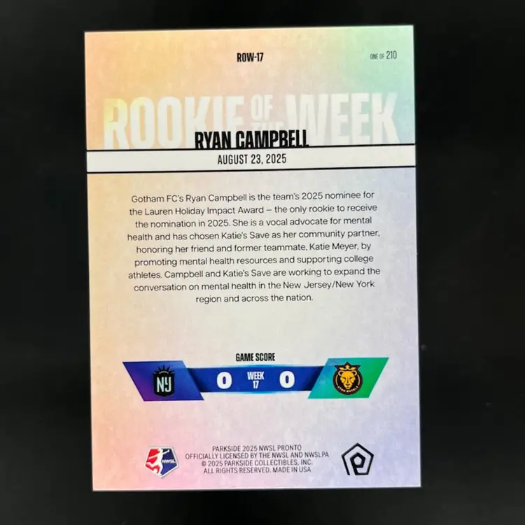 Ryan Campbell 2025 NWSL Parkside Pronto Rookie Of The Week Subscriber Exclusive /210 Soccer Card #ROW17