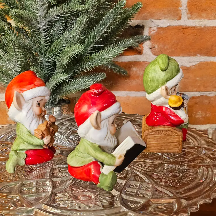 Set of 3 Homco Christmas Elves Vintage 5406 Elf Figurines Made in Taiwan Toymaker Workshop Pixies