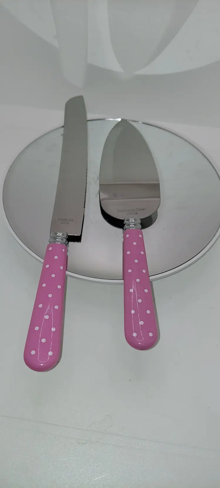 Pink / White Polka Dot Knife Server Set Stainless Steel Baby Shower Cake Bread