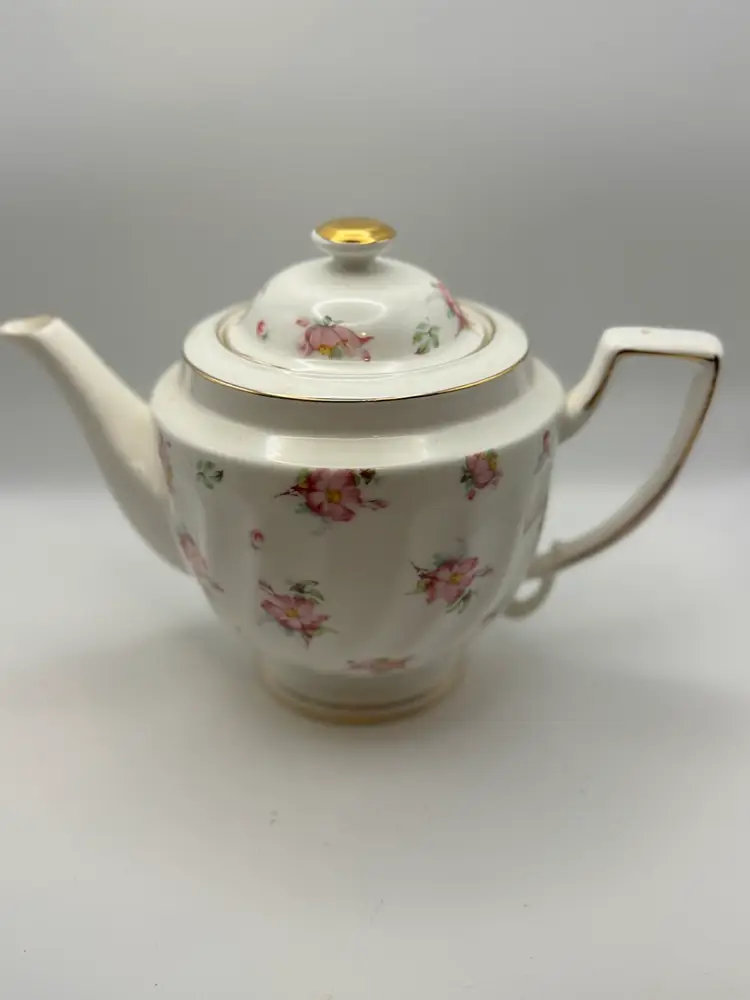 Grace’s Teaware Tea Set: Teapot 7”x 9”, Creamer And Sugar 4.25” Pink Floral Pattern