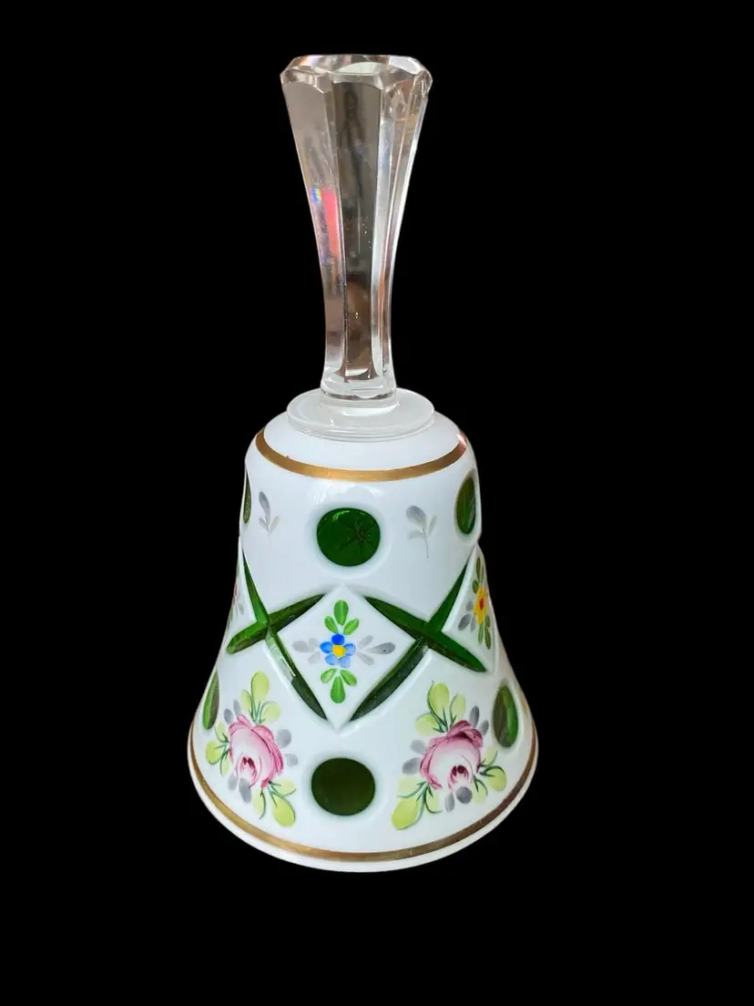BOHEMIAN CZECH REPUBLIC OPAQUE CUT TO GREEN GLASS DINNER BELL BEAUTIFUL