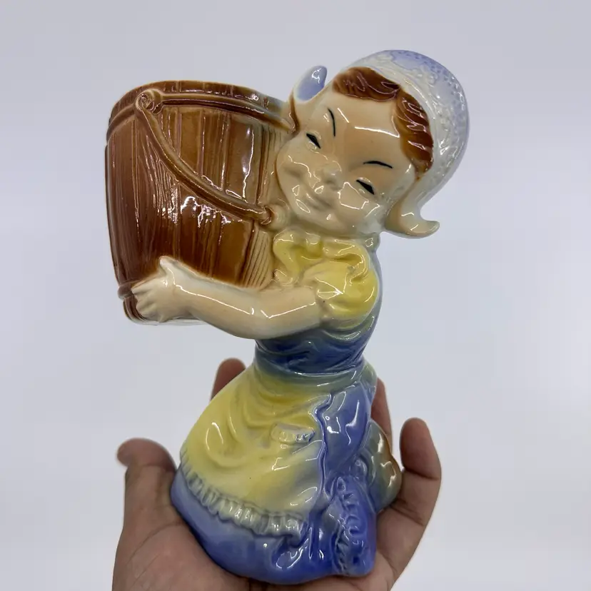 Vintage Royal Copley Ceramic Planter Girl With Basket Hand Painted