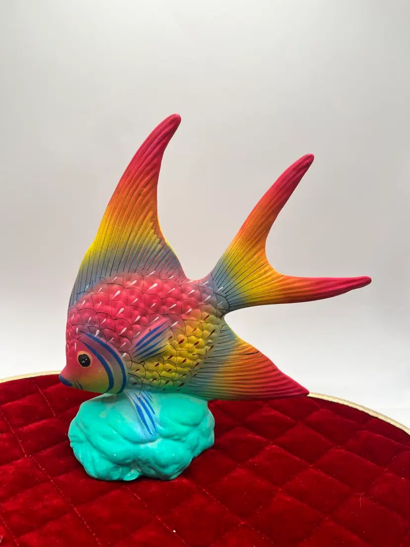 9”x9” Talavera Pink/yellow Mexican Art Angel Fish Figurine