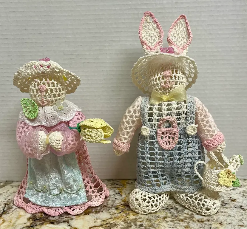 Vintage Hand Crocheted Starched Easter Bunny Couple Peter Rabbit Seasonal Figurines