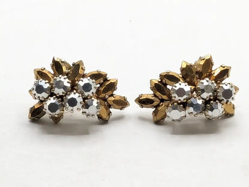 Vintage Schoffel & Co Gold Tone Citrine and Silver Austrian Crystal Clip On Earrings