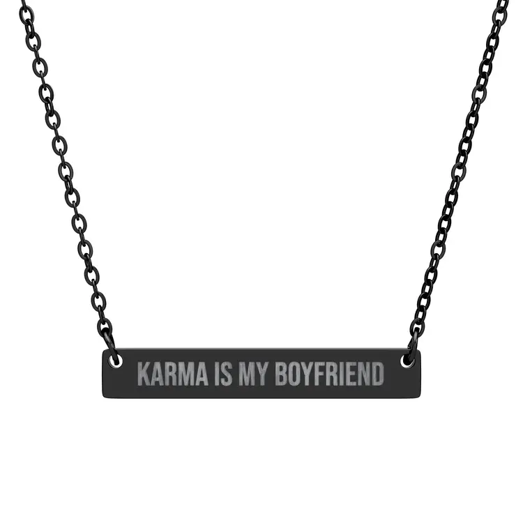 Karma Is My Boyfriend Horizontal Bar Necklace, Engraved