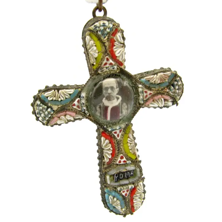 Vintage Pope Pius XII Rome Italian Floral Micro Mosaic Cross Pendant Italian