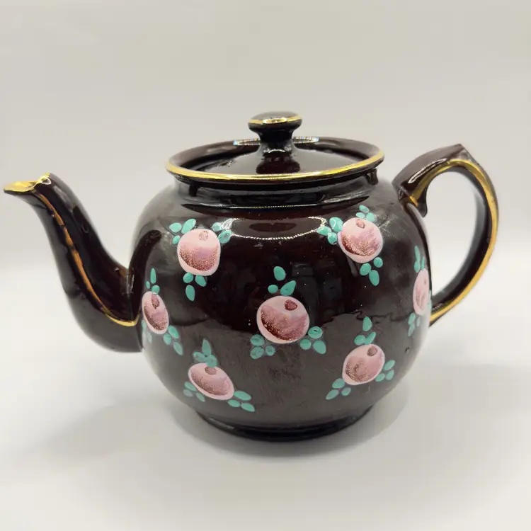 Vintage Sadler Pottery WWII Era Brown Betty Teapot Lidded, Red Clay Ceramic, Hand-painted Pink Blossoms Green Leaves Gold Trim, By James Sadler Pottery, Made in England, #4170 2 Printed on Bottom