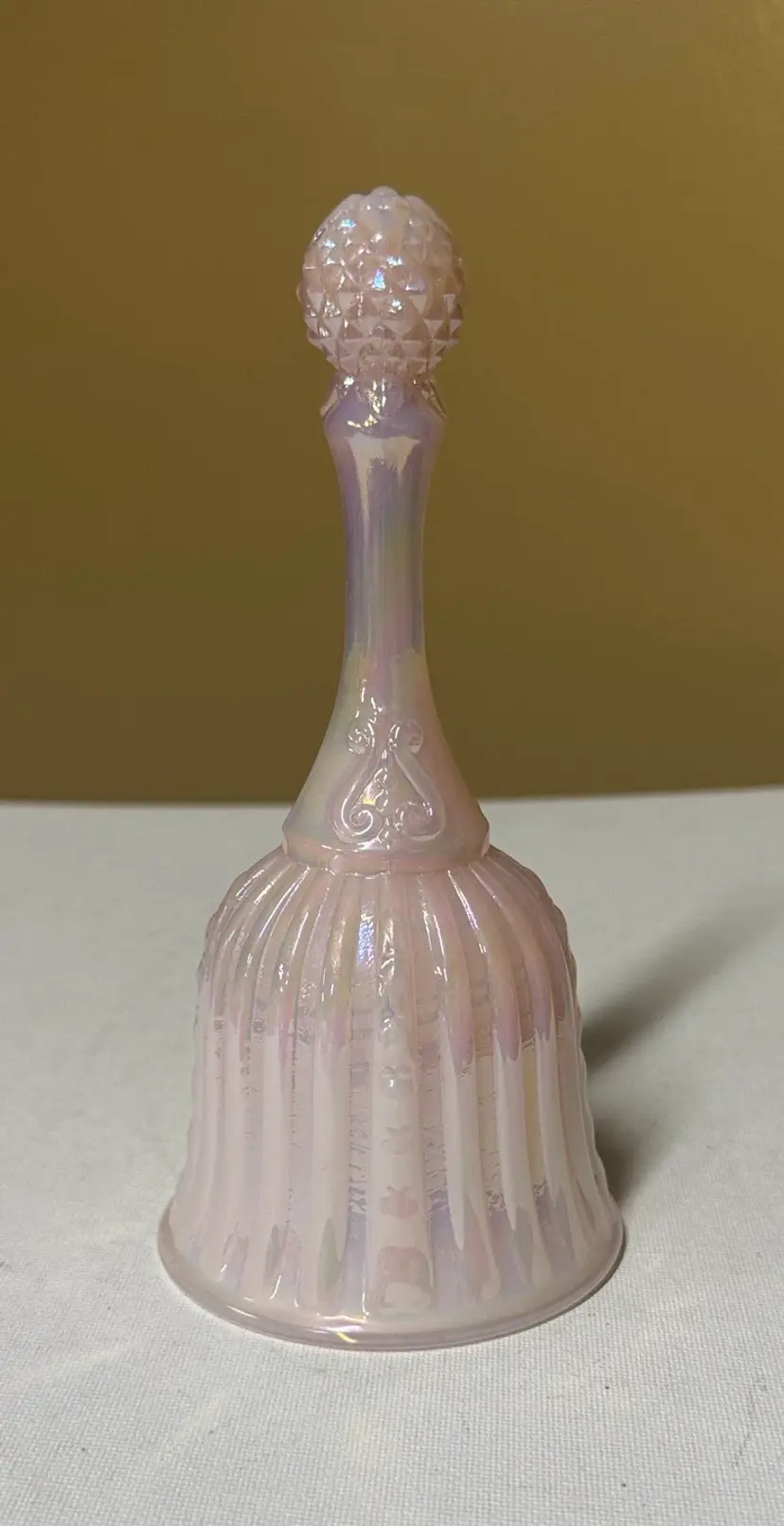 Fenton Pale Pearlescent Pink Glass Bell in Faberge Pattern 7” tall