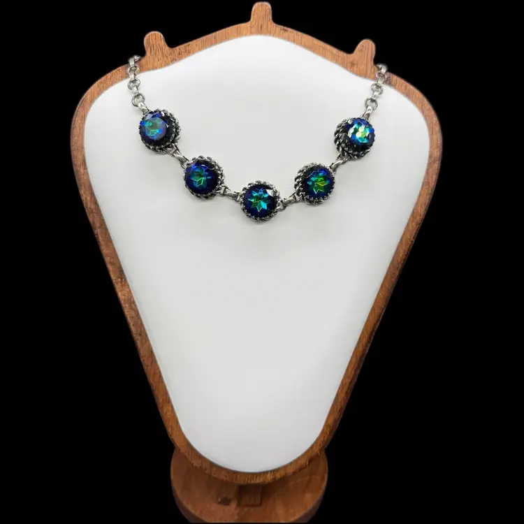 Vintage Schiaparelli Peacock Rivoli Rhinestone Choker Necklace 15.5” 1950s MCM