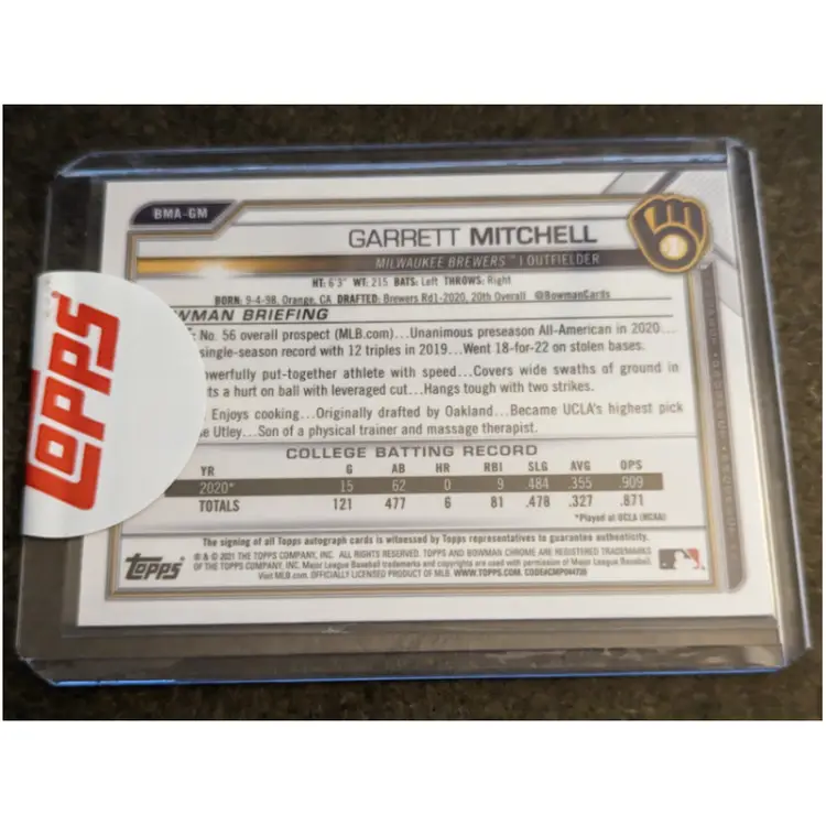 Garrett Mitchell 2021 Bowman Chrome Autograph Mojo Refractor Parallel