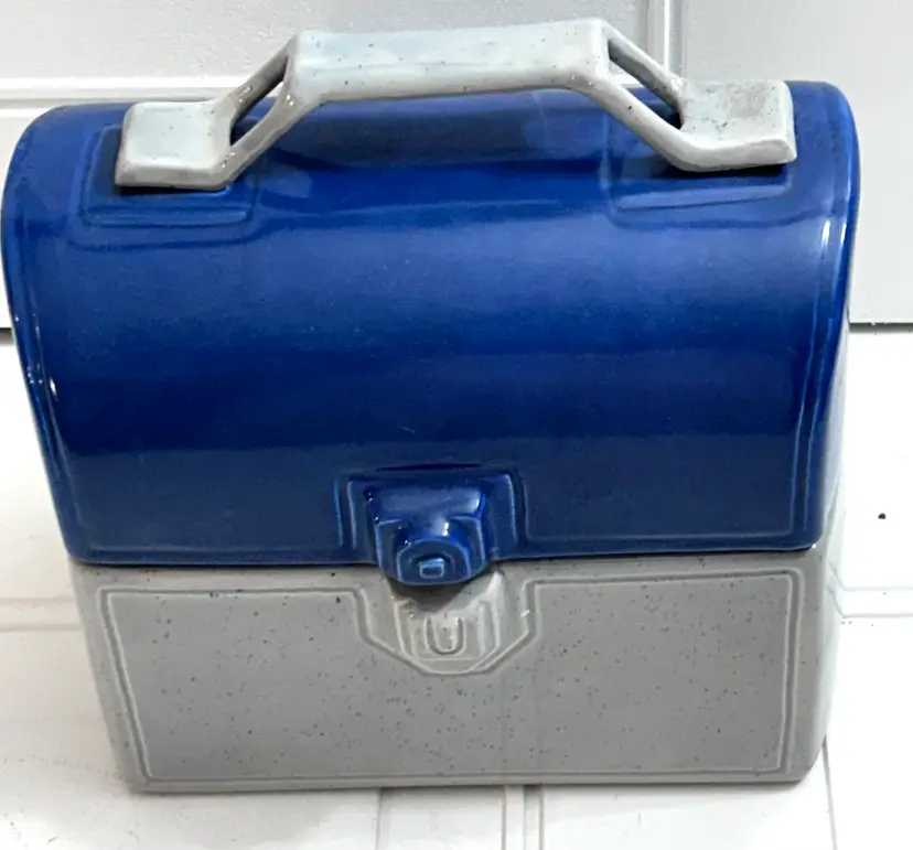 Vintage Blue Gray ceramic lunchbox cookie jar