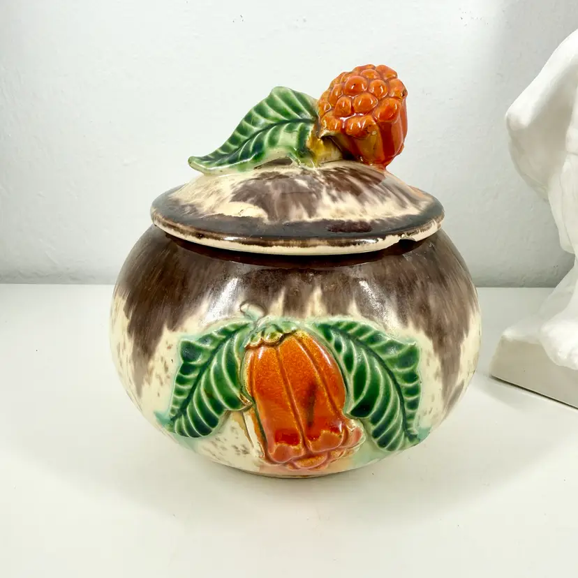 ART NOUVEAU Style CERAMIC BOWL w/LID #156 German JUGENDSTIL Clarice Cliff Era 5.5in X 5.5in