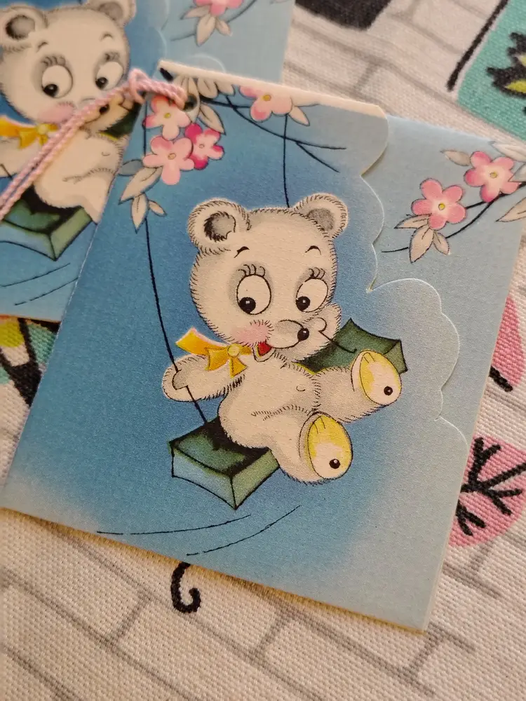 Vintage Bridge Tally Card Set | Kitschy Cute Bear on a Swing Design | Decorated Bridge Tally Cards With Tassels | Unused Set of 4 Tallies With Scorecard and Original Wrapper | 1940s A-Meri-Card Made in USA