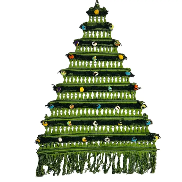 Vintage Large Macrame Pom Pom Christmas Tree Wall Hanging 28W 38H