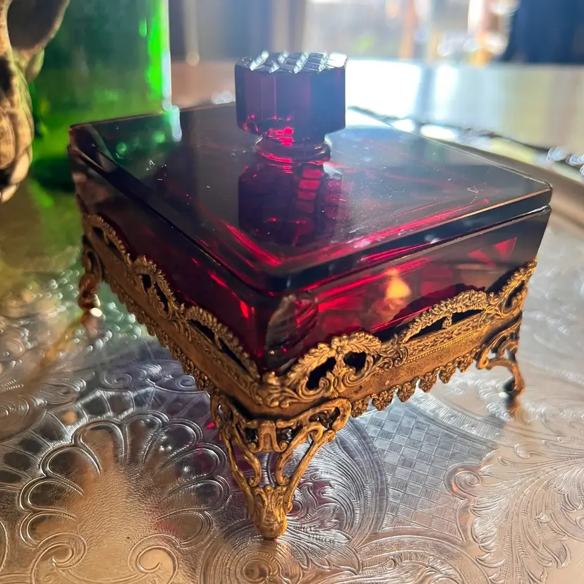 Vintage Amberina Glass Ormolu Jewelry Casket 5” x 4” x 4” Tall