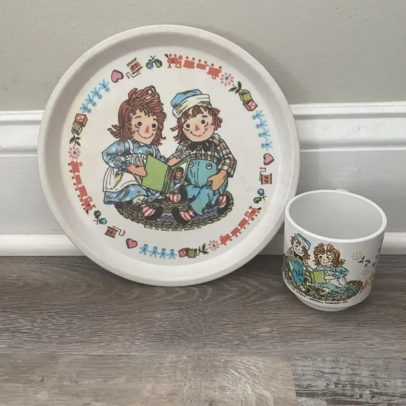 Raggedy Ann & Andy 1969 Oneida 2 Piece Dish Set Plate Bowl Bobbs Merrill Vintage
