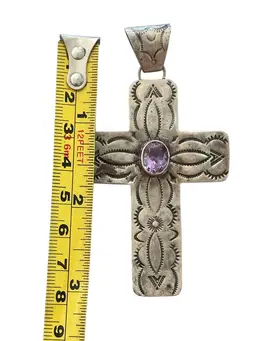 Southwestern Sterling Amethyst Cross Pendent 3”