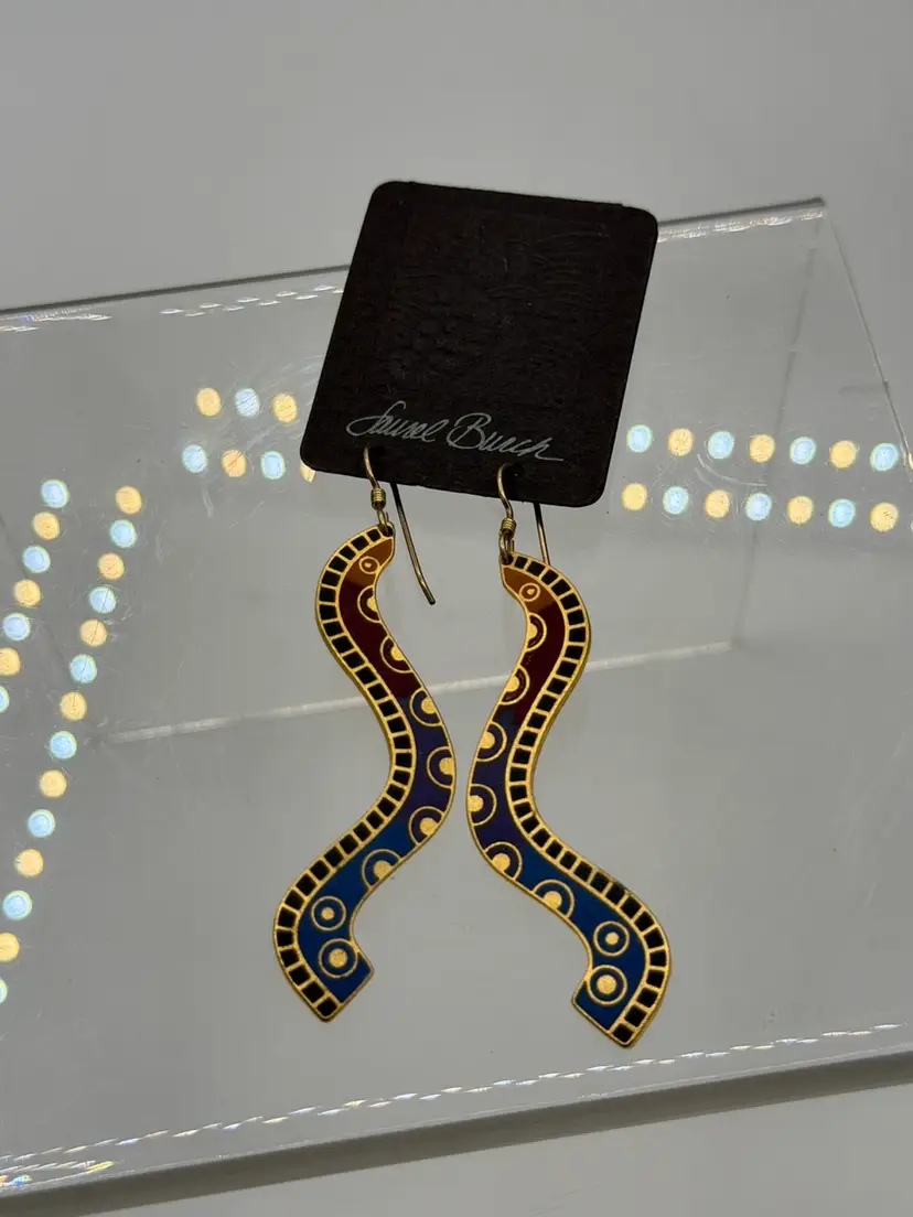 Vtg 1990 Laurel Burch Snake Eel Signed PIMA Dangling Hook Wire Earrings