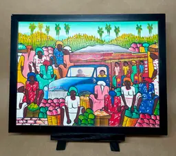 KENOL Signed Vibrant Haitian Street Market Merci Dieu Framed Wall Art Hanging OOAK