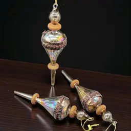 Vintage Blown Glass Long Finial Ornaments Set 3 Iridescent Brown Glitter 9.5”