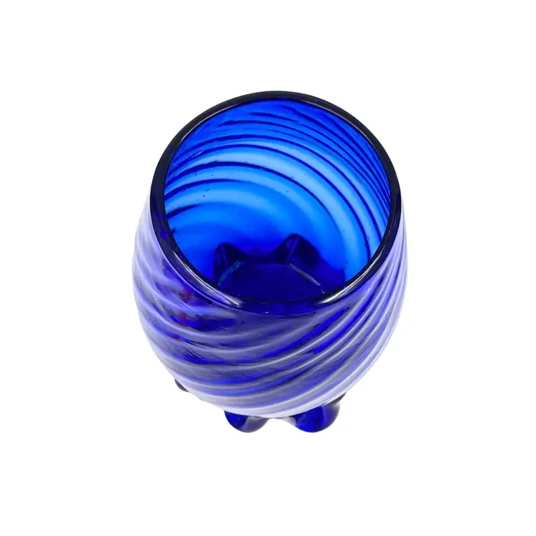 ART GLASS VASE Blown Glass Cobalt Blue Swirl OpticsApplied Footed Base Beautiful! (3” Opening)5.75x3.5”