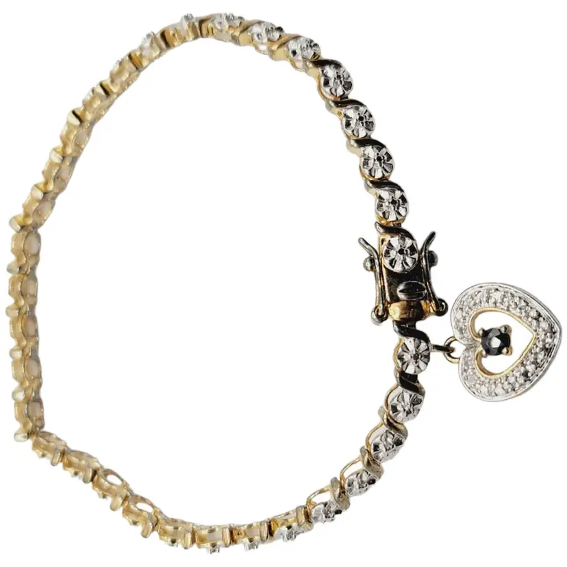 Sterling Silver Gold Vermeil 925 Women’s Tennis Bracelet With Heart Charm 7"