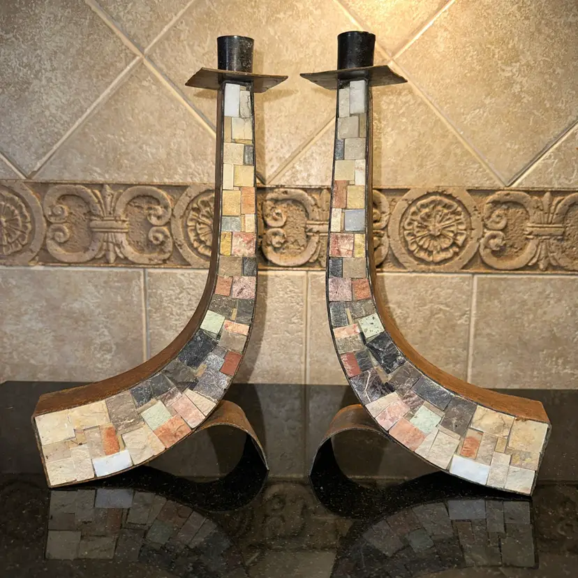 60s Midcentury Brutalist Eilon Mosaics Israel Mosaic Stone Hammered Copper Candlesticks Pair of 2