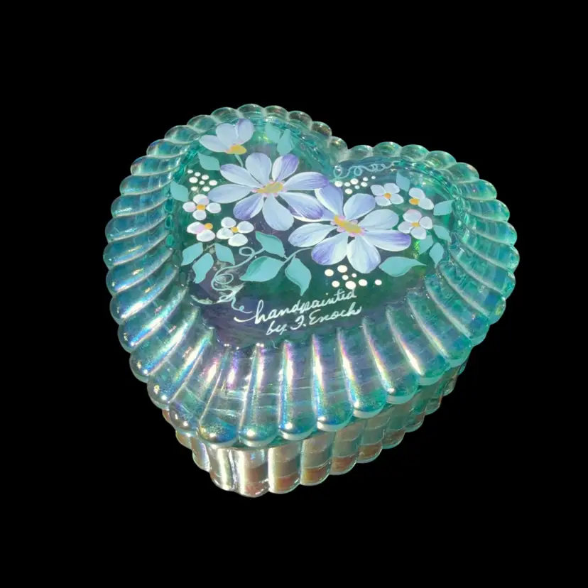 Rare Fenton Handpainted Heart Shaped Trinket Box With Pendant