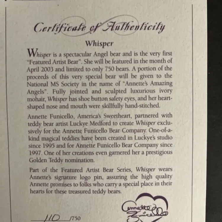 Annette Funicello 2003 Jointed Angel Bear WHISPER Ltd. Edition COA, Mohair, 17”