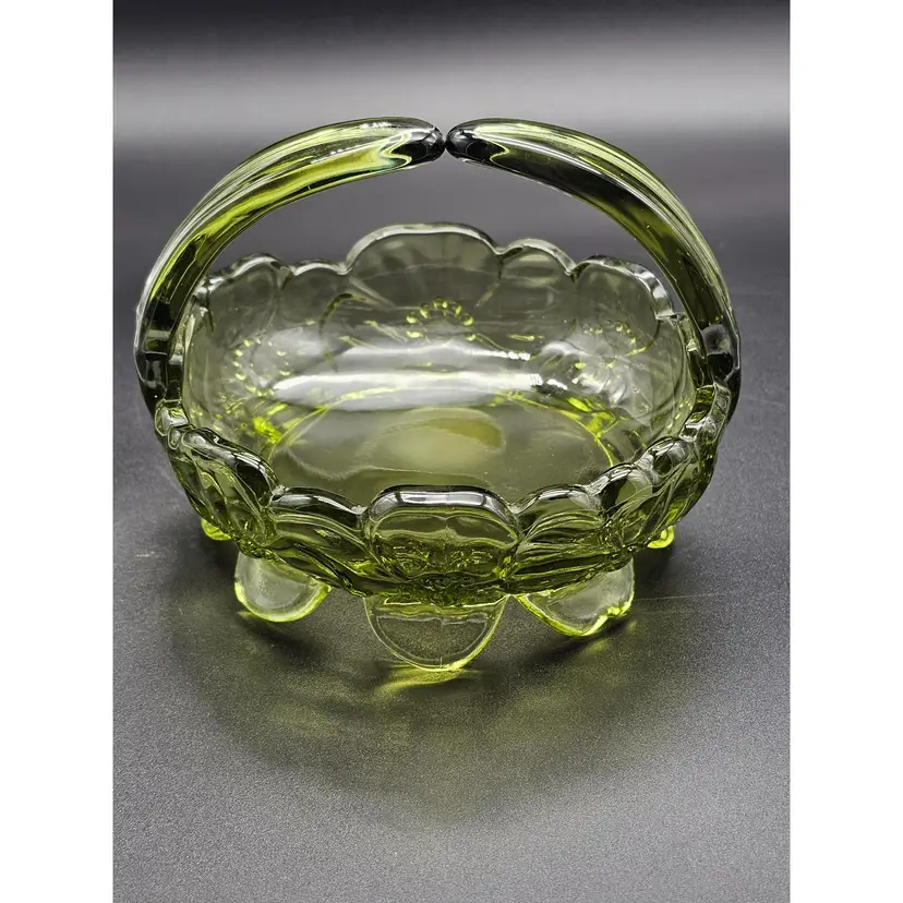 Vtg Westmoreland 1950s Glass Olive Green Split Handle Dogwood Blossom Candy Dish