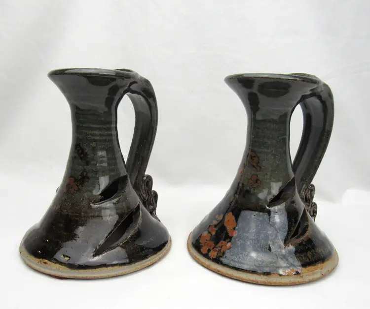 Asian Glazed Art Pottery Candlestick Holders Black/Gray/Brown Cut Out Signed 5"