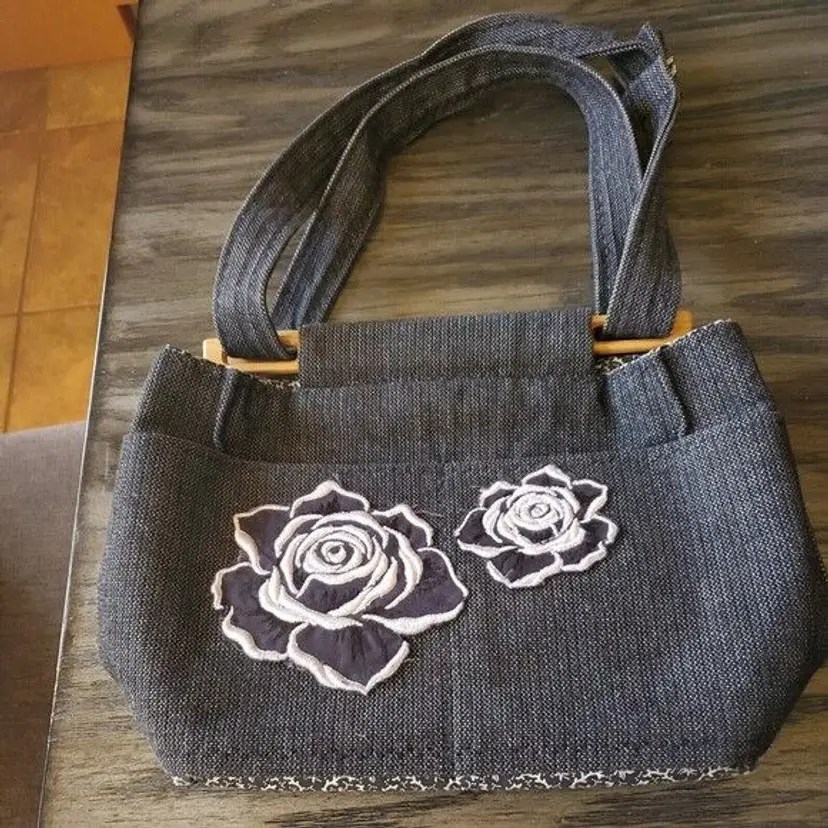 Handcrafted Texas Bag Lady Denim Tote With Floral Embroidery & Bamboo Handles