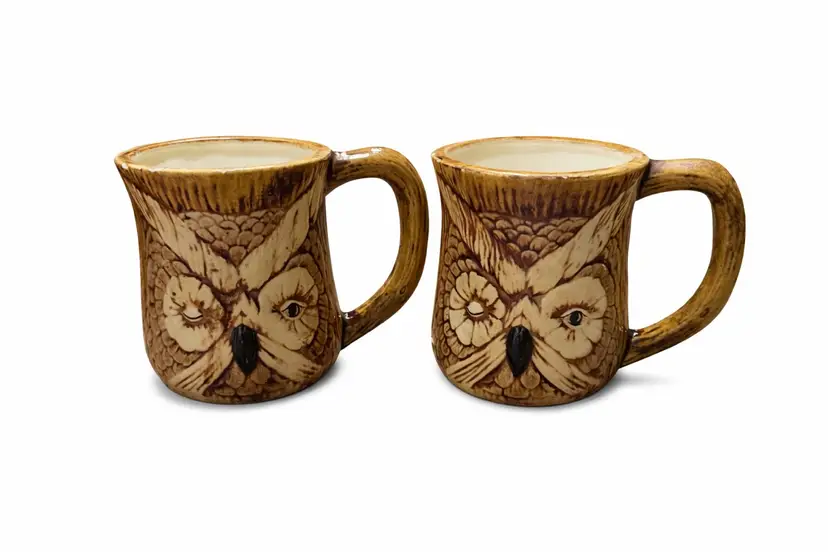 Woodland Owl Coffee Mug Set – “Have a Nice Day” Vintage 1970s Stoneware