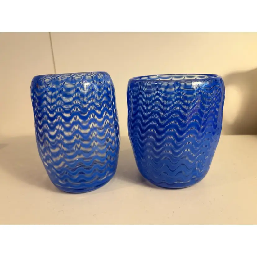 A Pair Of Hand Blown Blue Glass Striped Vases