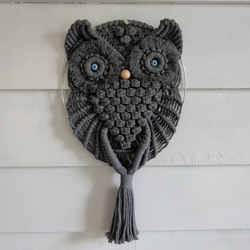 Macrame Owl Gray Yarn Blue Eyes Hanging Wall Art Handmade 21" Long Clean