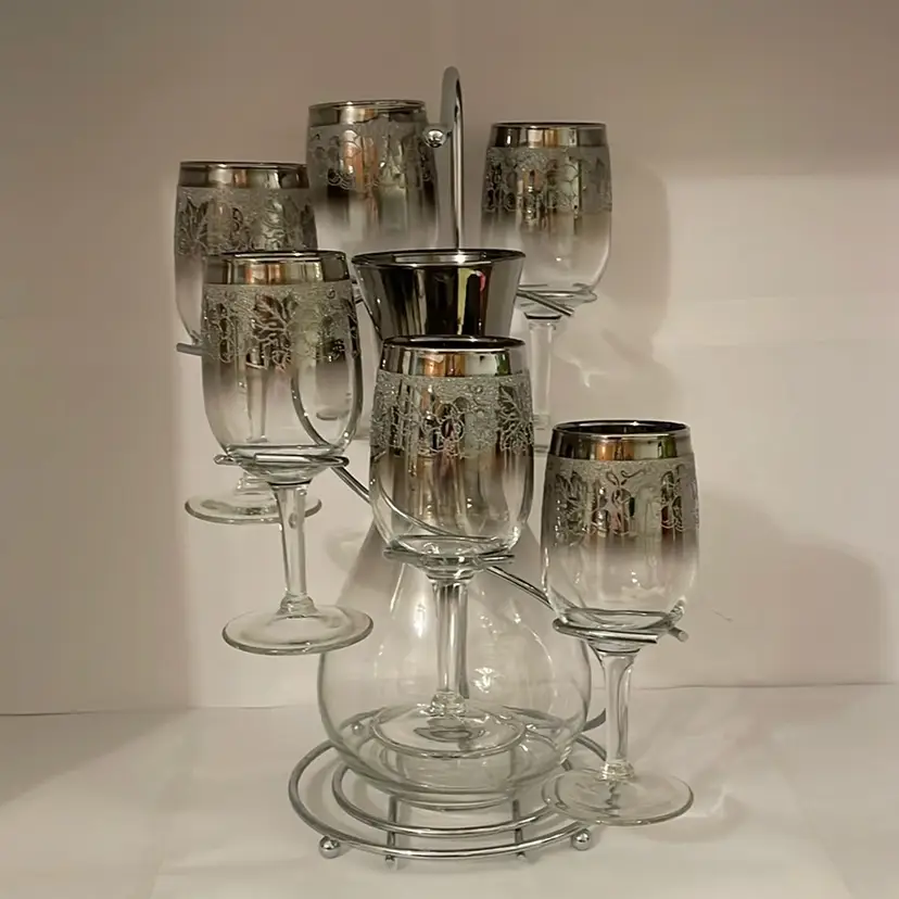 #599 MCM Silver Fade Wine Set Grape Themed Six Glasses, Carafe And Spiral Caddy - Dorothy Thorpe???