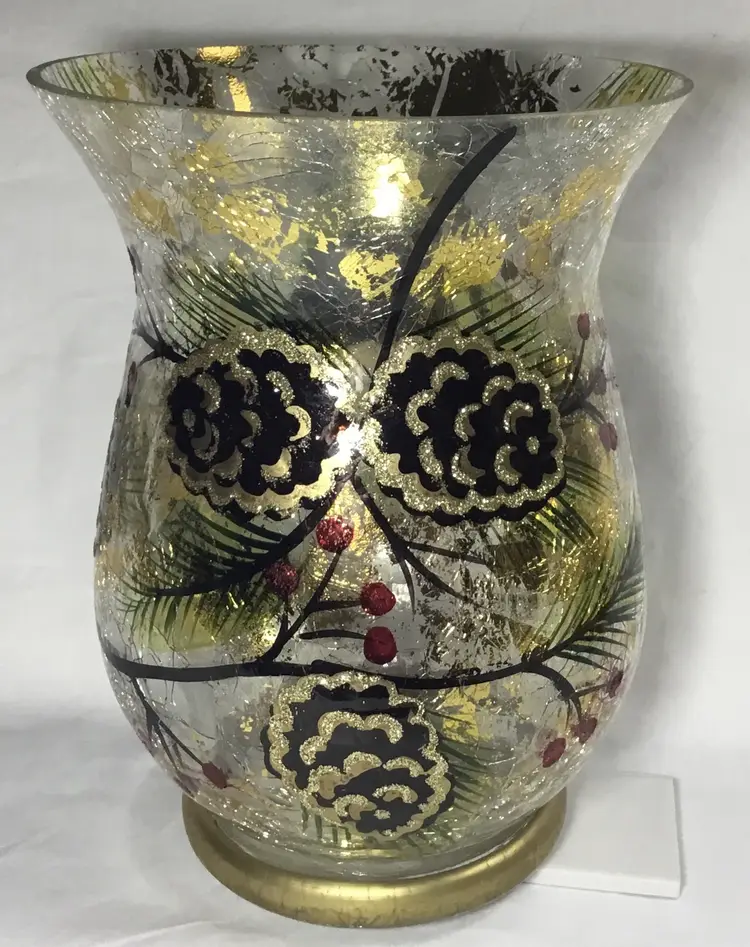 Christmas vase, large, crackle glass, hand painted, pine branches & cones, 8" x 6"