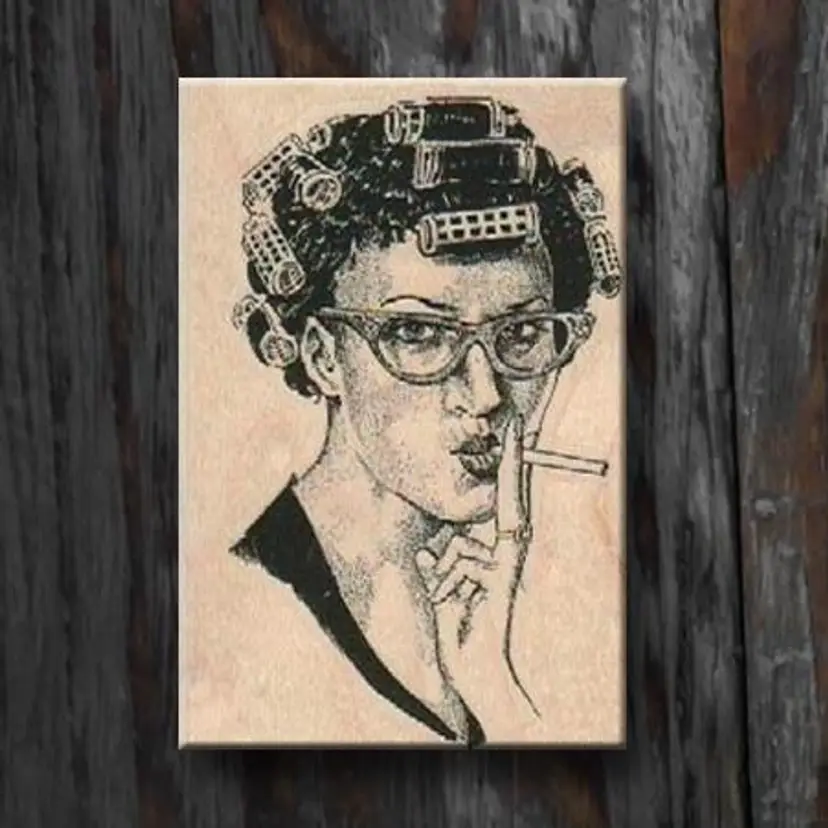 Retro Lady Smoking in Curlers Rubber Stamp