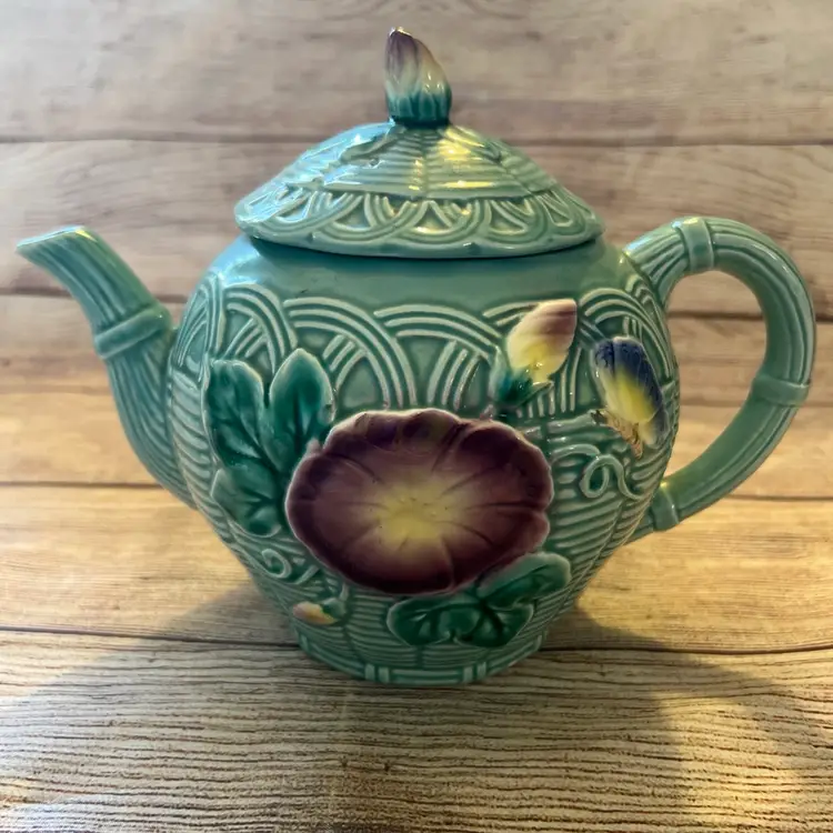 Vtg 1989 Haldon Group Butterfly Flower Teapot Morning Glory Turquoise Majolica
